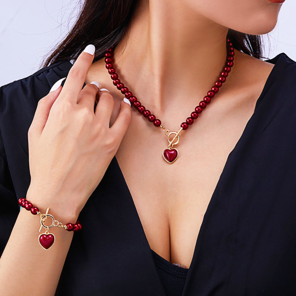 Beaded Heart Pendant Jewelry Set - Elegant Bracelet and Necklace with Imitation Pearls for Women 1