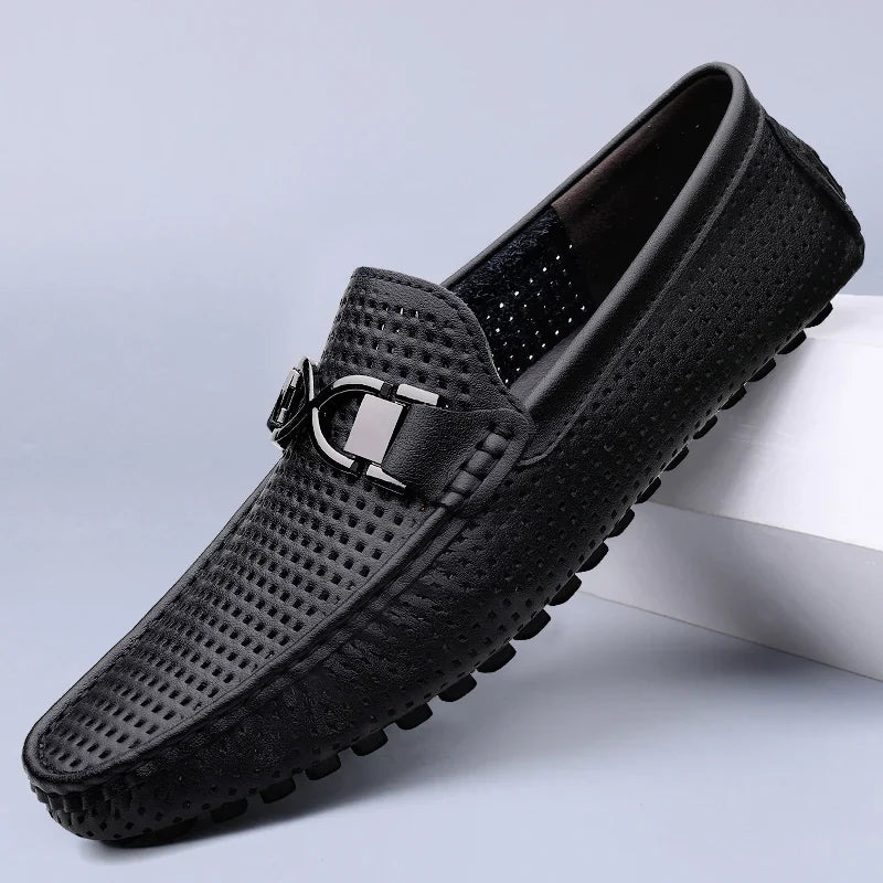 Men's Leather Slip-On Loafers in Onyx Black – front view | Hensley London