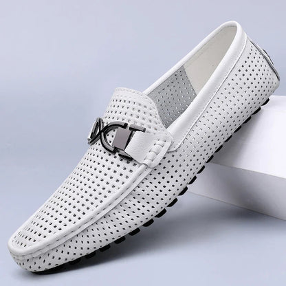 Men's Leather Slip-On Loafers in Pure White – front view | Hensley London