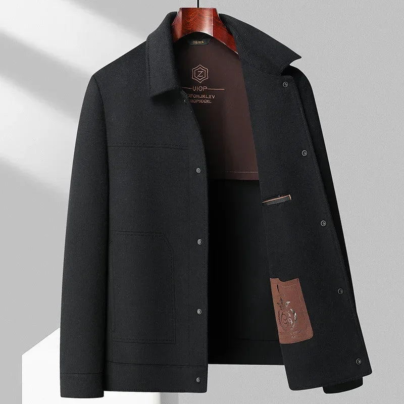 Men's Collared Button-Front Jacket in Black – product view | Hensley London