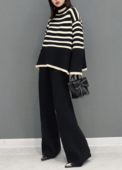 Women's Two Piece Suit Set Black Striped Knit - 3