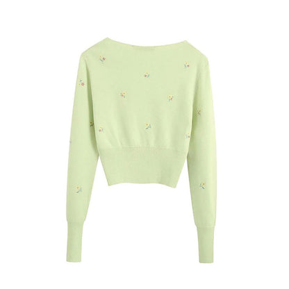 Beautiful Floral Embroidered Knitted Crop Top Sweater 1