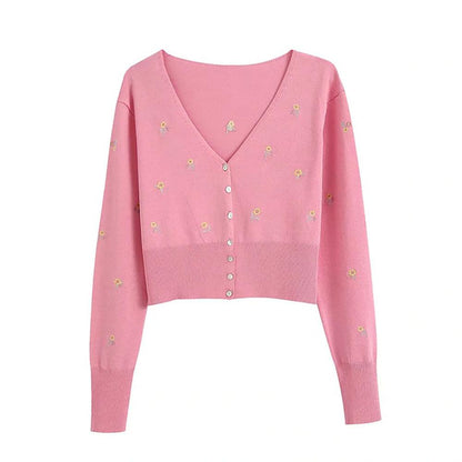 Beautiful Floral Embroidered Knitted Crop Top Sweater 2