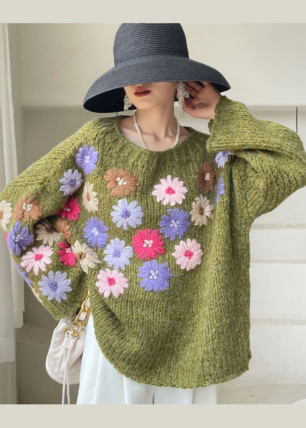 Women's Sweater Green Floral Knit Soft Fabric - 1