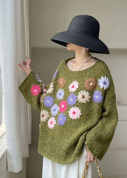Women's Sweater Green Floral Knit Soft Fabric - 2