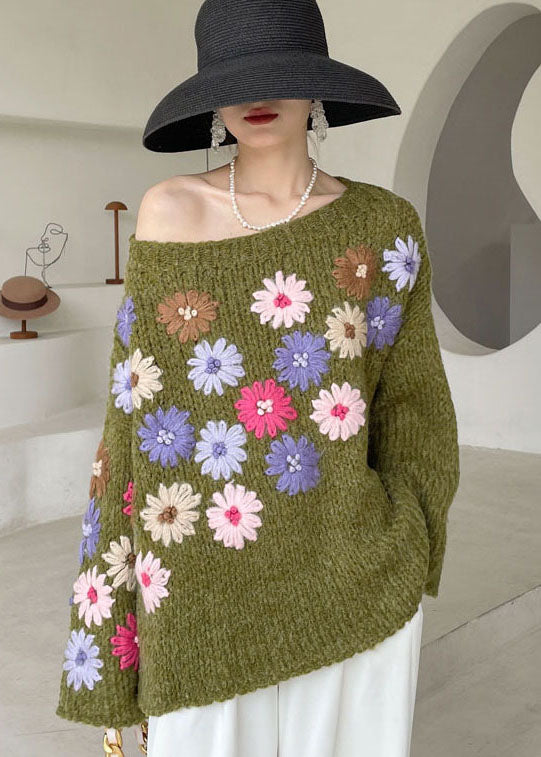 Women's Sweater Green Floral Knit Soft Fabric - 3