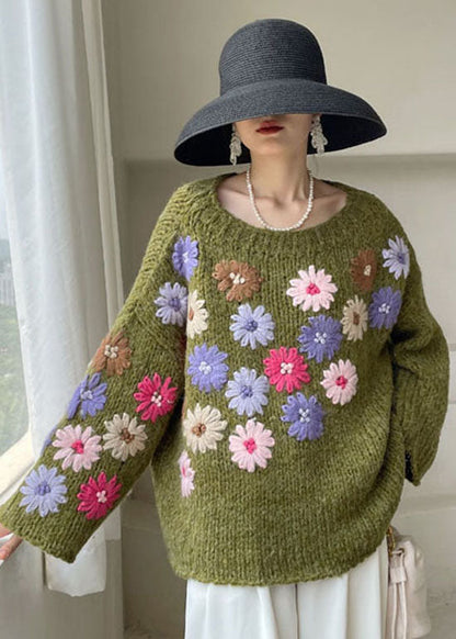 Women's Sweater Green Floral Knit Soft Fabric - 4