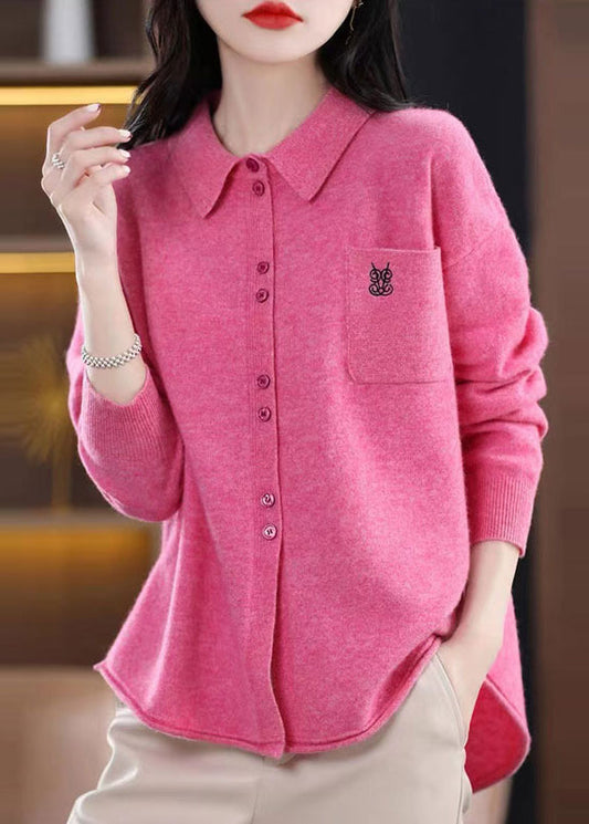 Women's Knitted Top Pink Wool Blend Peter Pan Collar - 1