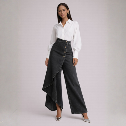 Women's Denim Skirt-Pants in Blue – front view | Hensley London