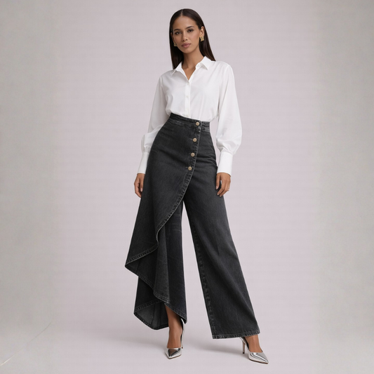 Women's Denim Skirt-Pants in Blue – front view | Hensley London