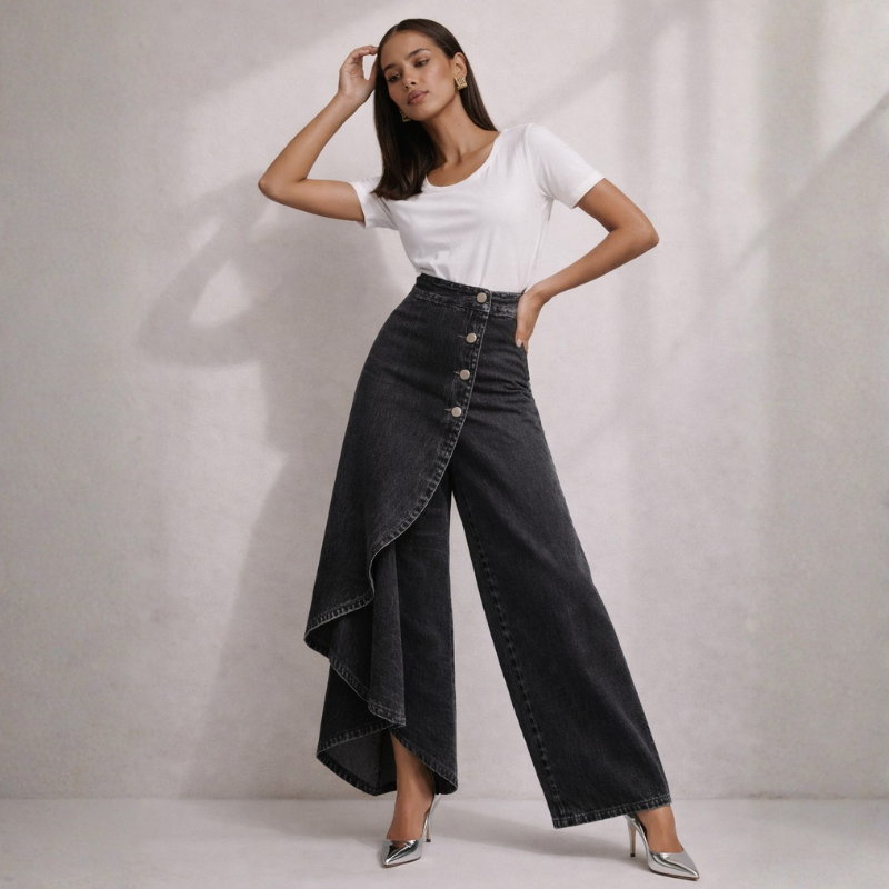 Women's Denim Skirt-Pants – side view | Hensley London