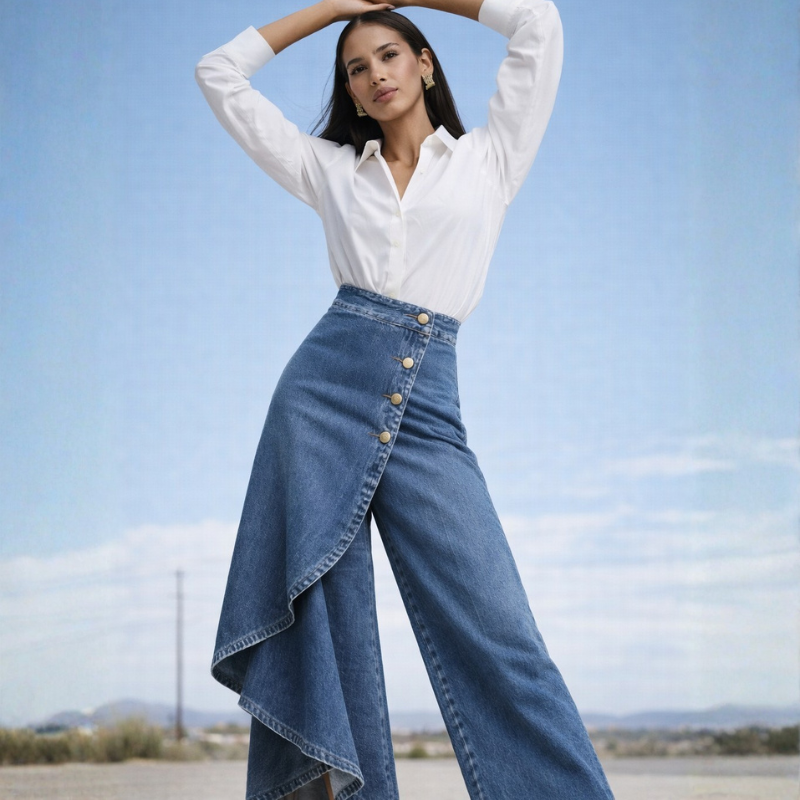 Women's Denim Skirt-Pants in Light Blue – detail view | Hensley London