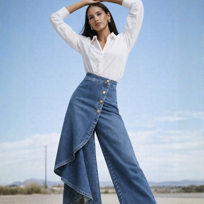 Women's Denim Skirt-Pants in Light Blue – detail view | Hensley London