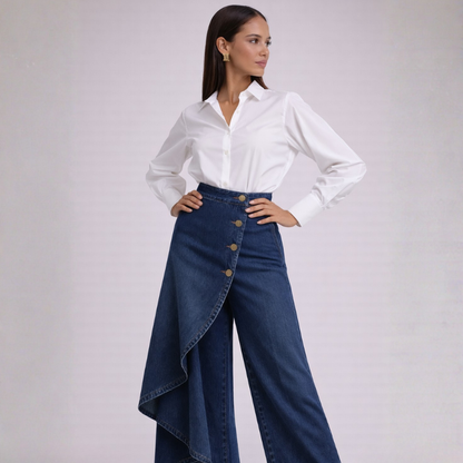 Women's Denim Skirt-Pants in Sky Blue – detail view | Hensley London
