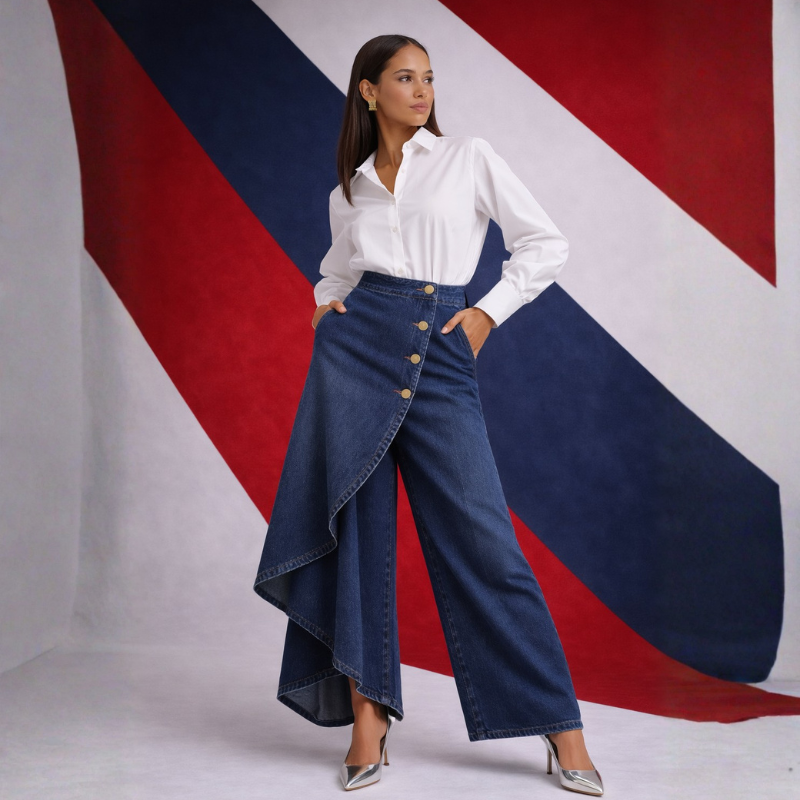 Women's Denim Skirt-Pants in Gray – back view | Hensley London