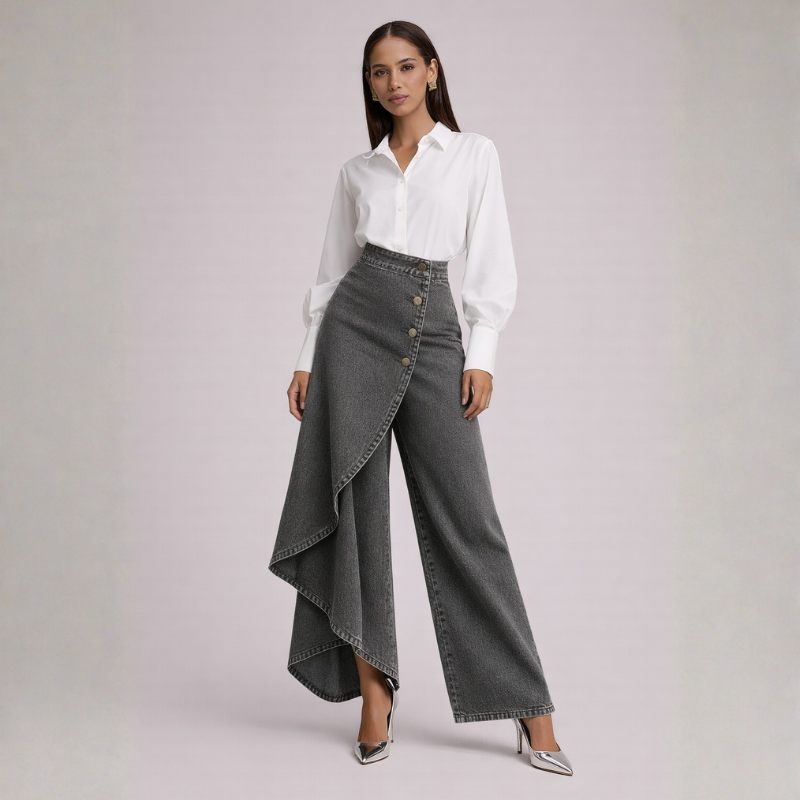 Women's Denim Skirt-Pants in Black – detail view | Hensley London