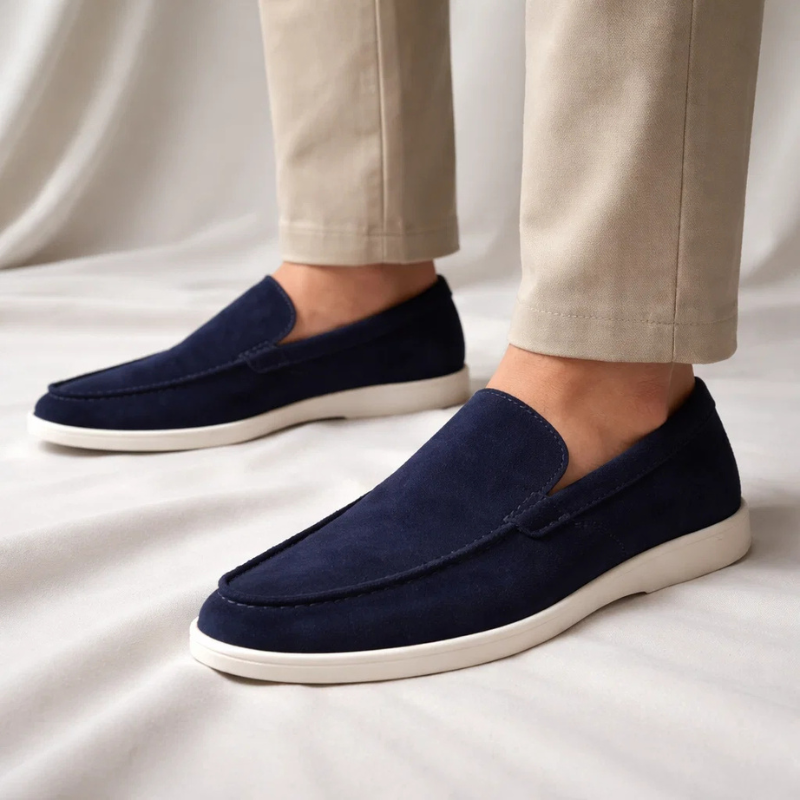 Men's Lustrous Suede Slip-On Loafers – suede texture detail | Hensley London