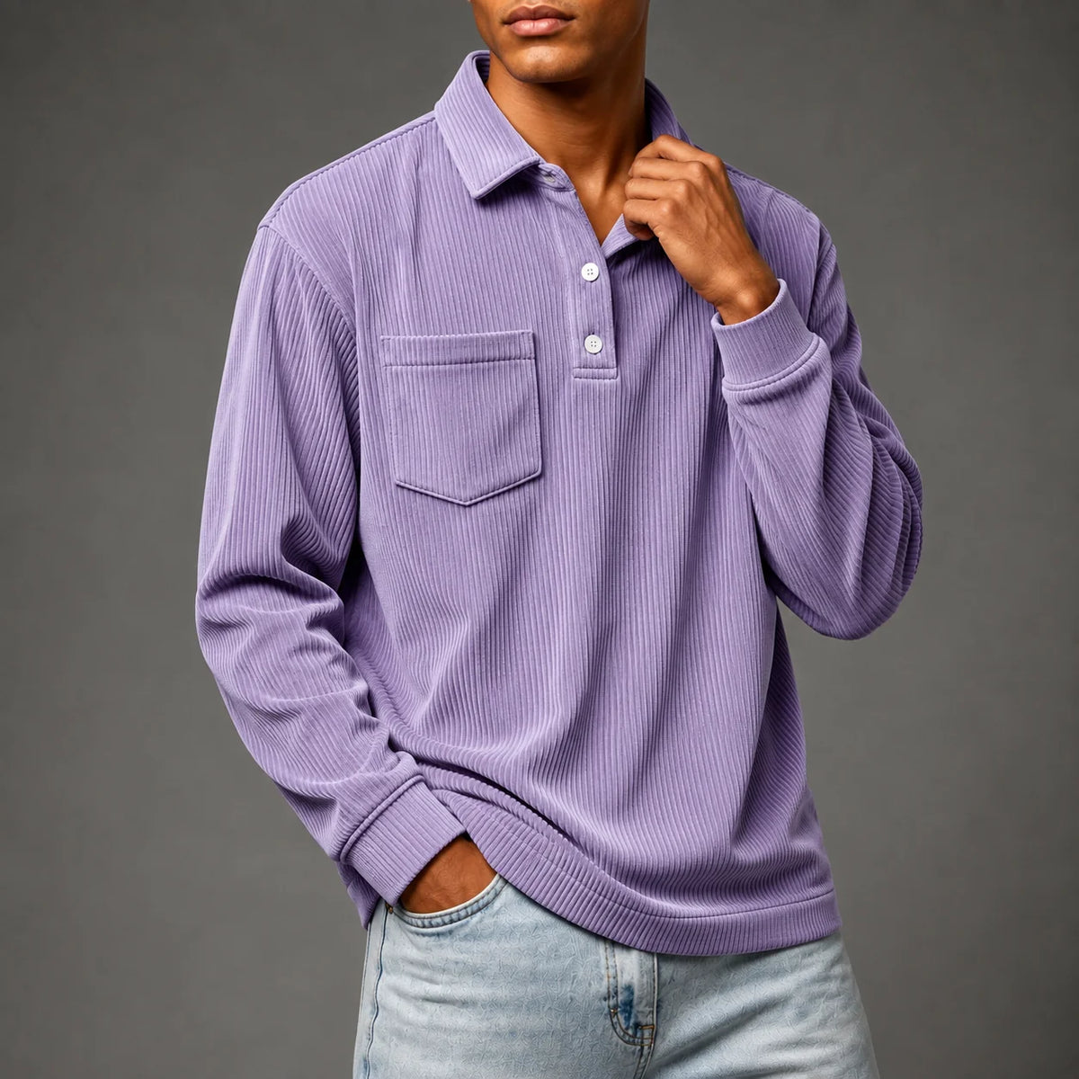 Men's Corduroy-Texture Polo Shirt in Lavender – product view | Hensley London
