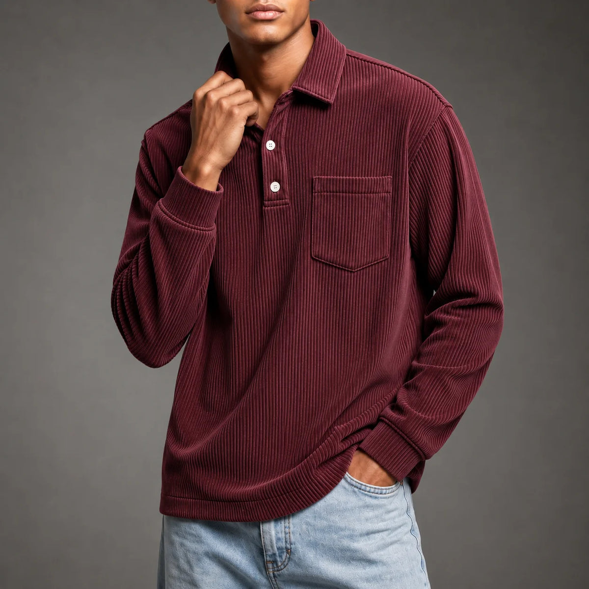 Men's Corduroy-Texture Polo Shirt in Maroon – product view | Hensley London