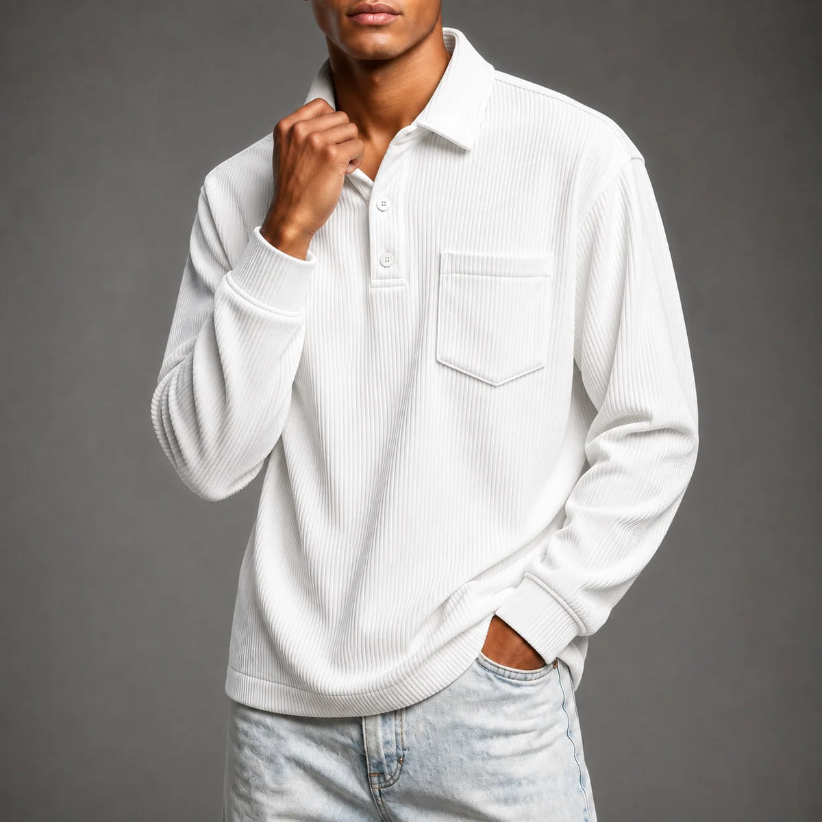 Men's Corduroy-Texture Polo Shirt in White – product view | Hensley London