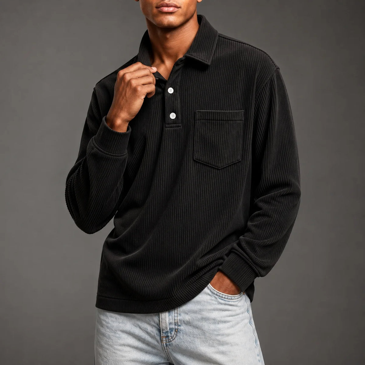 Men's Corduroy-Texture Polo Shirt in Black – product view | Hensley London