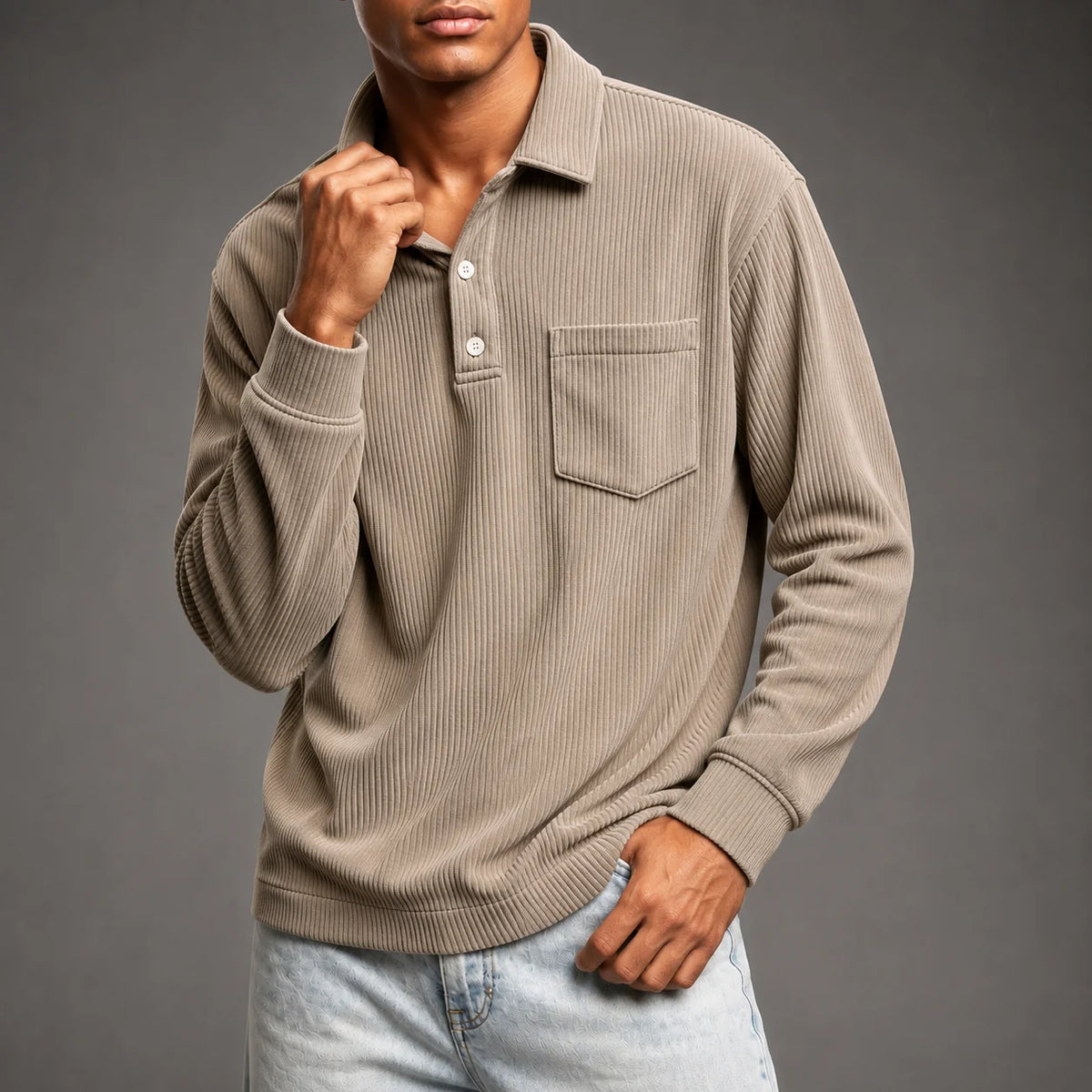 Men's Corduroy-Texture Polo Shirt in Beige – product view | Hensley London