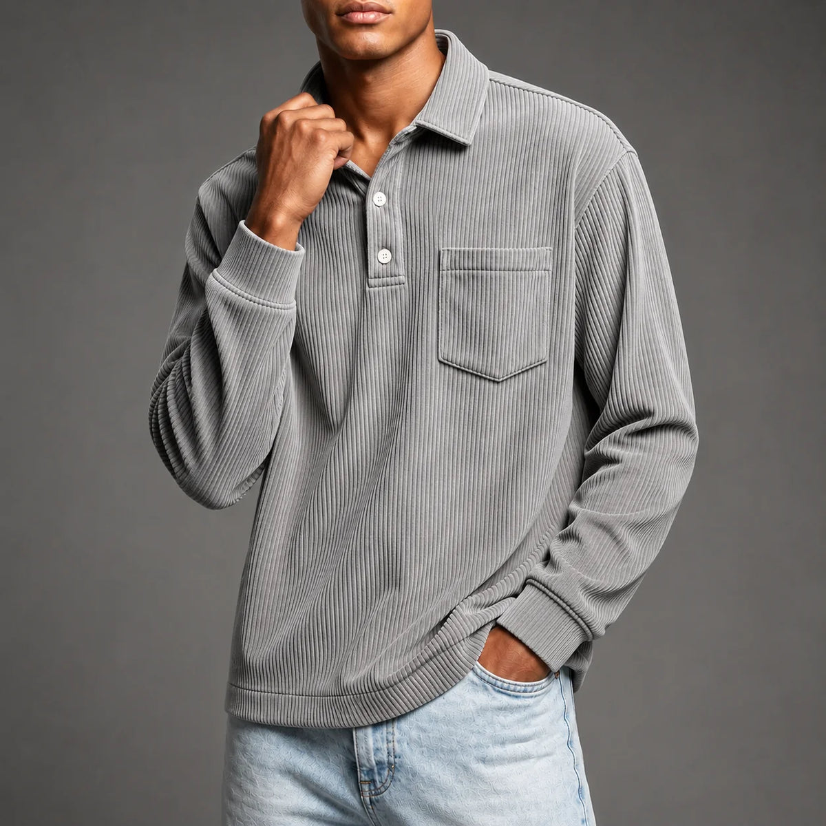 Men's Corduroy-Texture Polo Shirt in Gray – product view | Hensley London