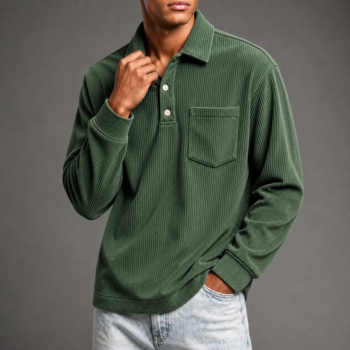 Men's Corduroy-Texture Polo Shirt in Forest Green – product view | Hensley London