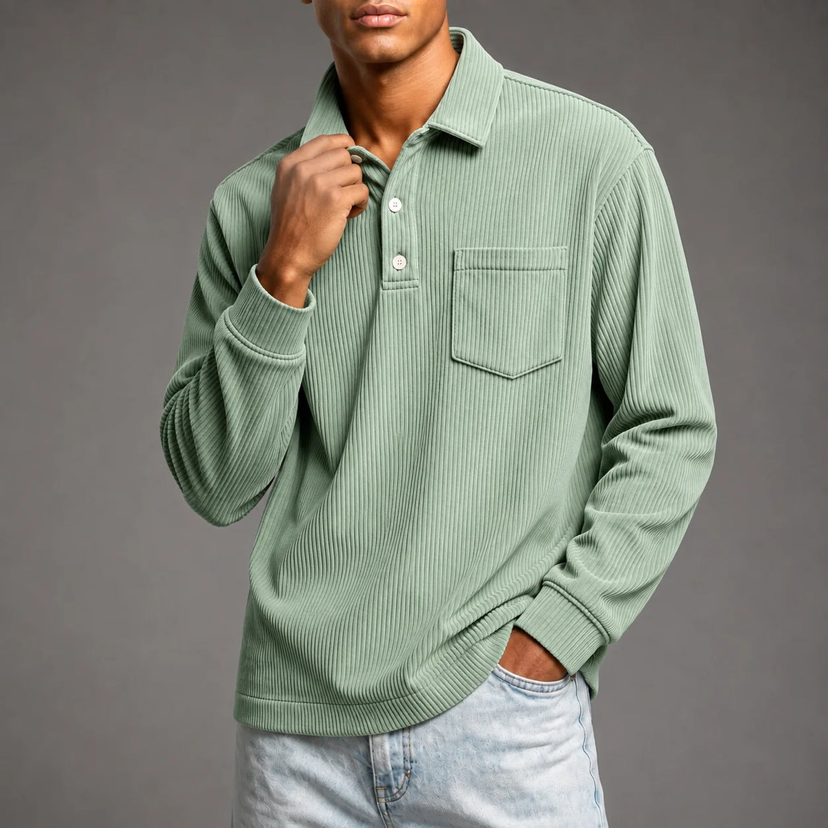 Men's Corduroy-Texture Polo Shirt in Sea Foam – product view | Hensley London