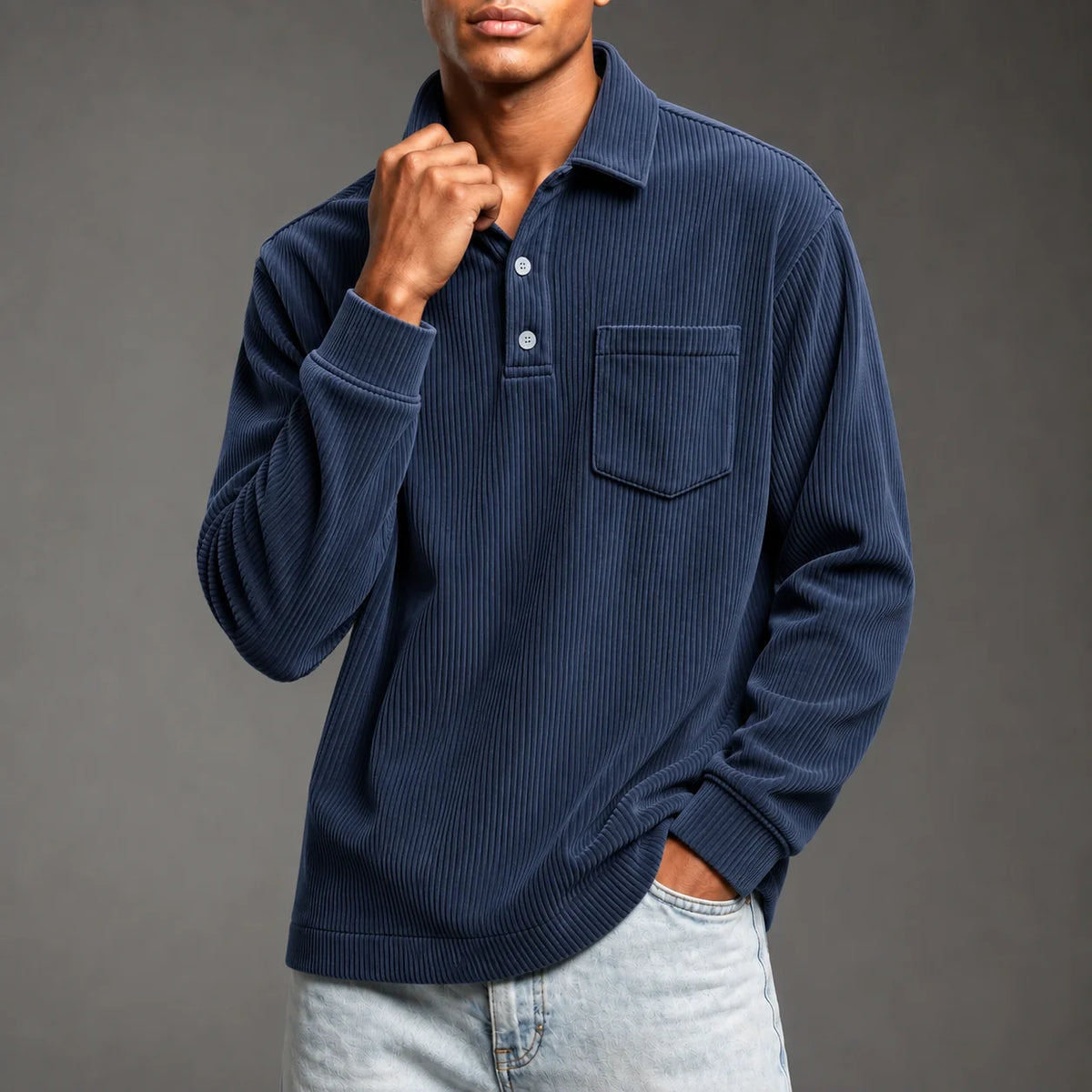 Men's Corduroy-Texture Polo Shirt in Navy Blue – product view | Hensley London