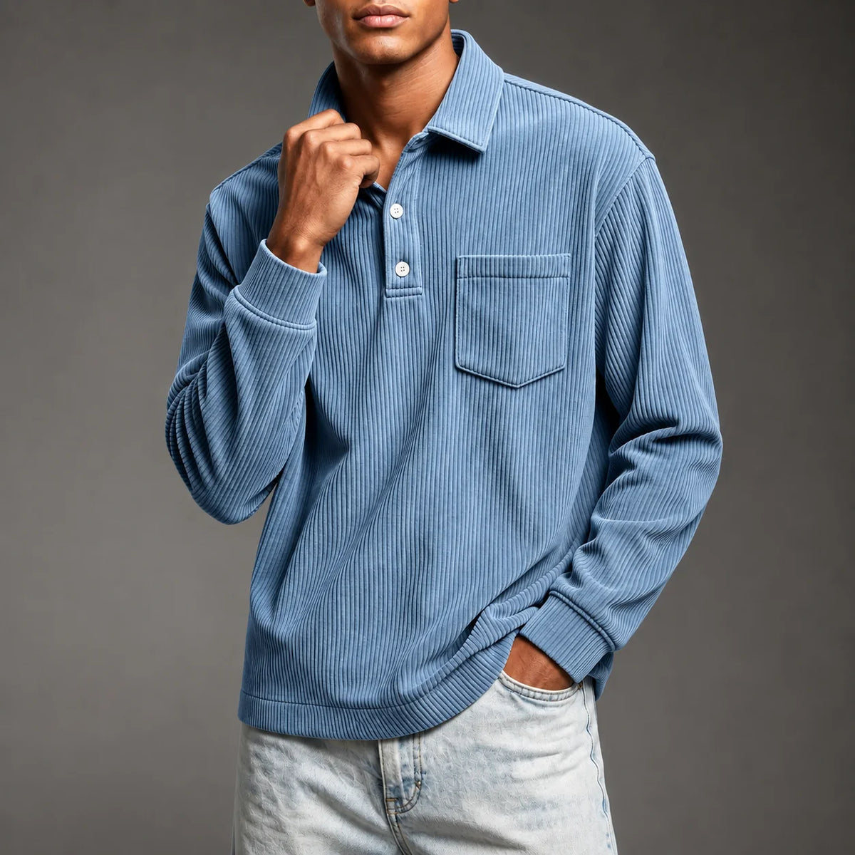 Men's Corduroy-Texture Polo Shirt in Carolina Blue – product view | Hensley London
