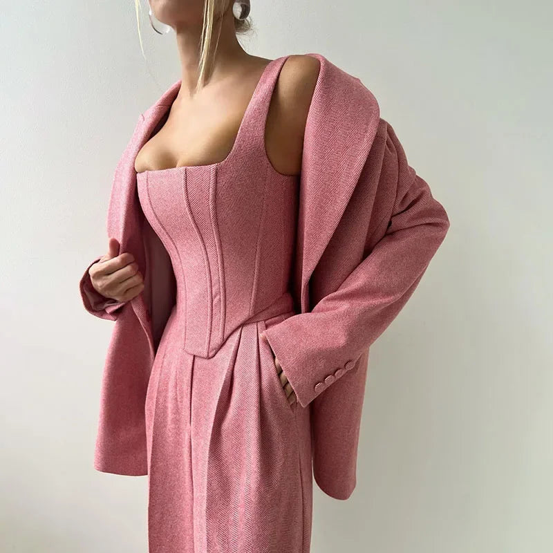 Women's Corset-Top Three-Piece Trouser Set in Pink – Product view | Hensley London