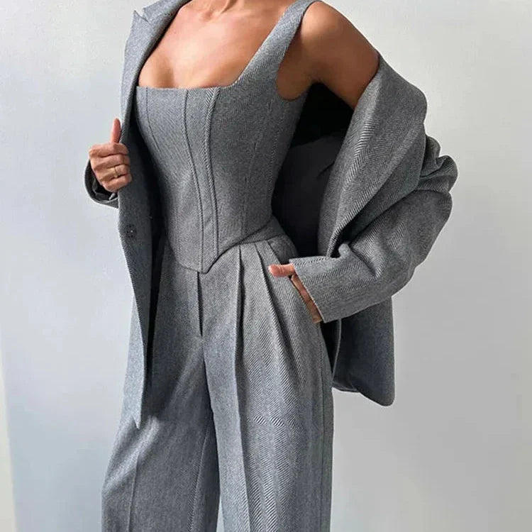 Women's Corset-Top Three-Piece Trouser Set in Gray – Product view | Hensley London