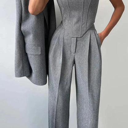 Women's Corset-Top Three-Piece Trouser Set in Gray – Product view | Hensley London