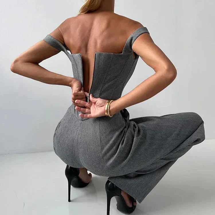 Women's Corset-Top Three-Piece Trouser Set in Gray – Product view | Hensley London