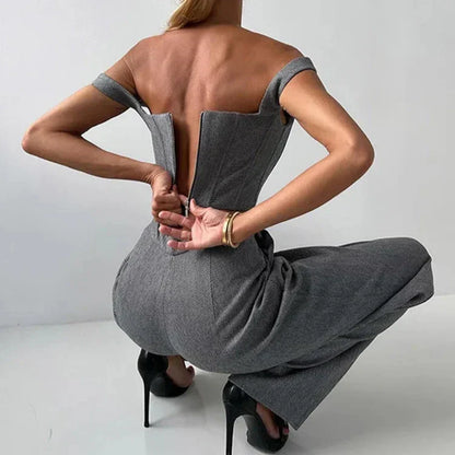 Women's Corset-Top Three-Piece Trouser Set in Gray – Product view | Hensley London