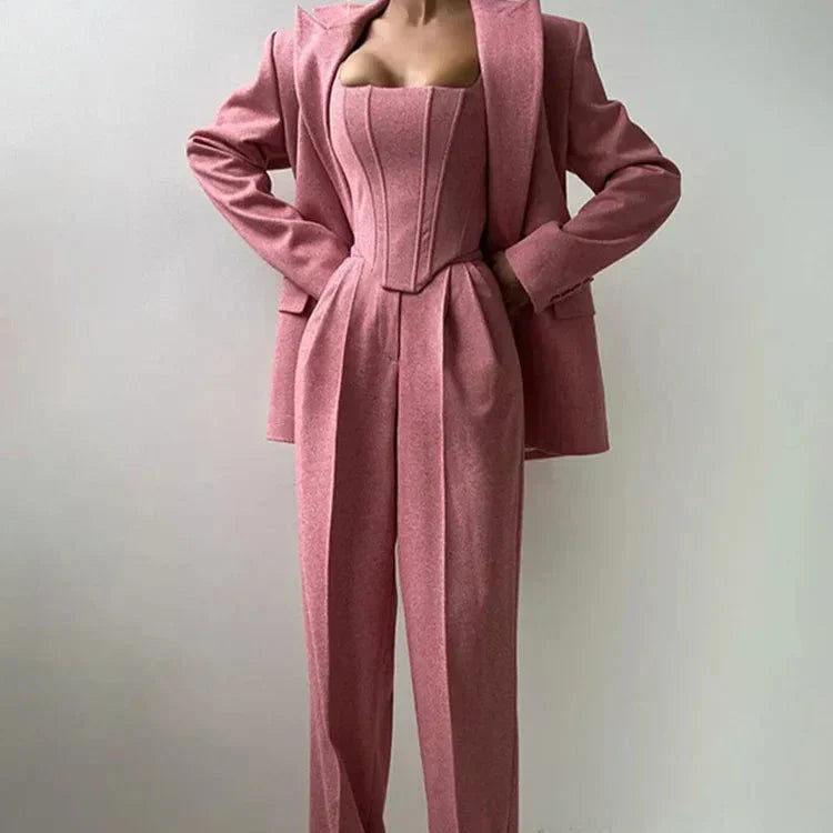 Women's Corset-Top Three-Piece Trouser Set in Pink – Product view | Hensley London