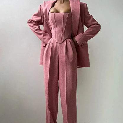Women's Corset-Top Three-Piece Trouser Set in Pink – Product view | Hensley London