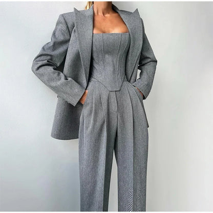 Women's Corset-Top Three-Piece Trouser Set in Gray – Product view | Hensley London