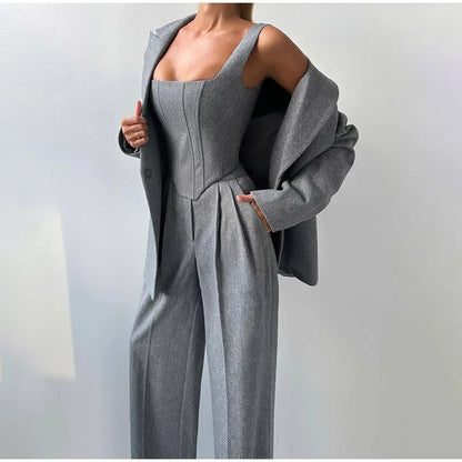 Women's Corset-Top Three-Piece Trouser Set in Gray – Product view | Hensley London
