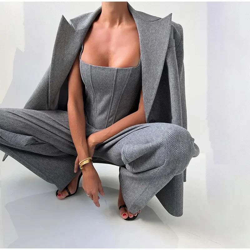 Women's Corset-Top Three-Piece Trouser Set in Gray – Product view | Hensley London