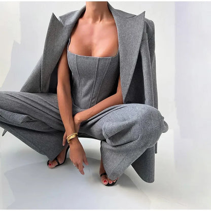 Women's Corset-Top Three-Piece Trouser Set in Gray – Product view | Hensley London