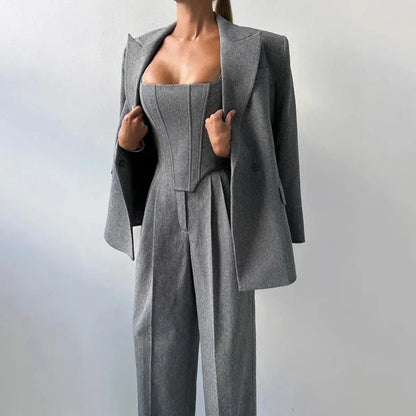Women's Corset-Top Three-Piece Trouser Set in Gray – Product view | Hensley London