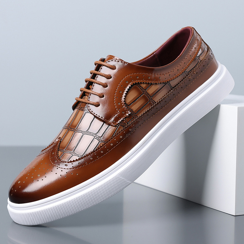 Men's Italian Leather Croc-Embossed Brogue Dress Shoes in Brown – front view | Hensley London