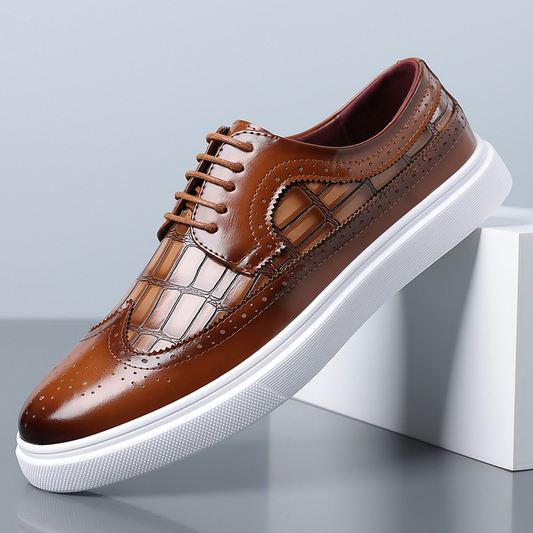 Men's Italian Leather Croc-Embossed Brogue Dress Shoes in Brown – front view | Hensley London