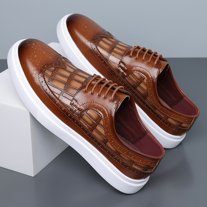 Men's Italian Leather Croc-Embossed Brogue Dress Shoes in Brown – side profile | Hensley London