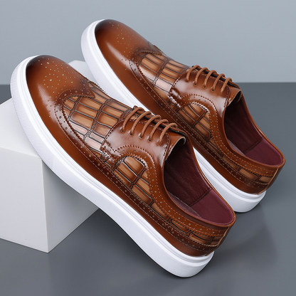 Men's Italian Leather Croc-Embossed Brogue Dress Shoes in Brown – side profile | Hensley London