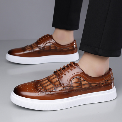 Men's Italian Leather Croc-Embossed Brogue Dress Shoes in Black – front view | Hensley London