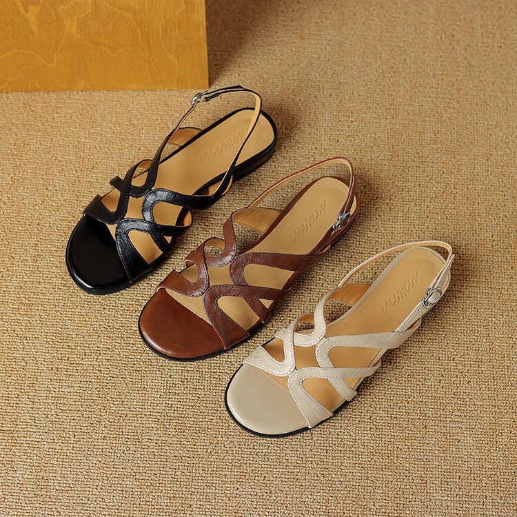 Women's Genuine Leather Gladiator Slingback Sandals in Beige – styled flat-lay | Hensley London