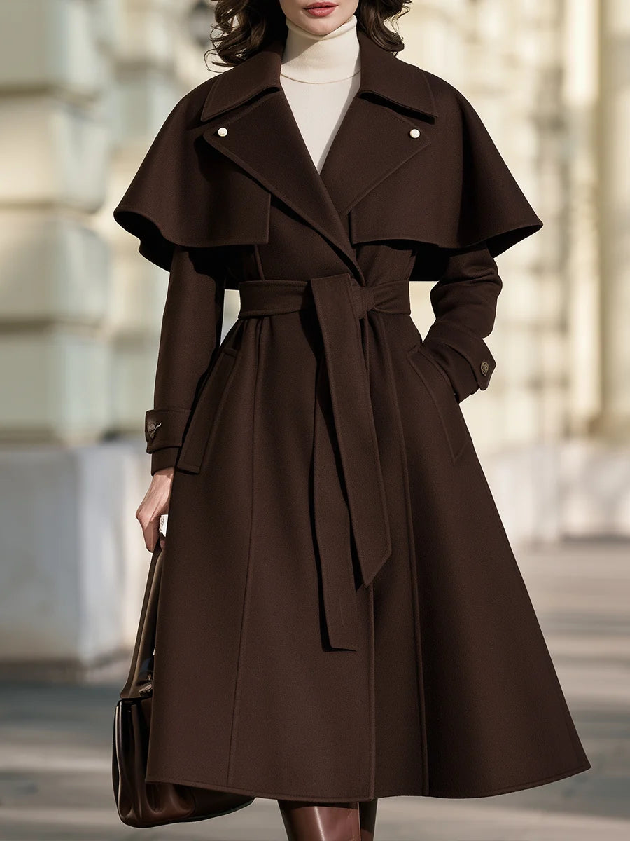 Women's Belted Capelet Trench-Style Coat in Brown – Product view | Hensley London